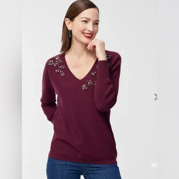 Chico’s Gem Neckline Pullover Sweater Size 4 US XXL V-Neck Color Deep Merlot - Picture 1 of 10